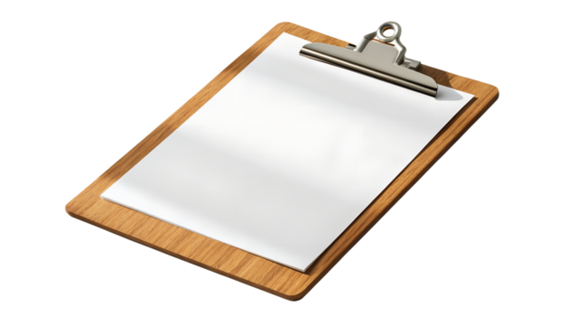 Blank paper on a wooden clipboard with a metal clip isolated on transparent background