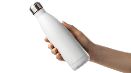 Hand holding a white reusable water bottle with a silver cap isolated on transparent background