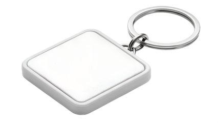 Blank white square shaped keychain with a silver ring isolated on transparent background