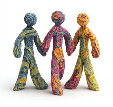 Three colorful abstract figures with textured patterns stand together, symbolizing unity and creativity