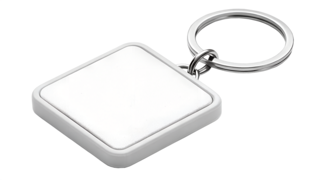 Blank white square shaped keychain with a silver ring isolated on transparent background