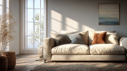 Fototapeta premium Sunlit Living Room Interior with Comfortable Sofa, Natural Light, and Minimalist Decor for Modern Home Design