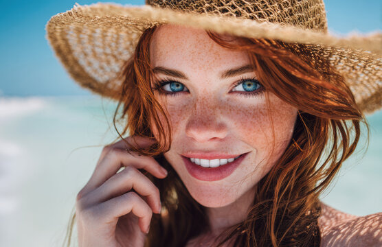 Woman with red hair and blue eyes smiles warmly on sunny beach, wearing straw hat - Powered by Adobe