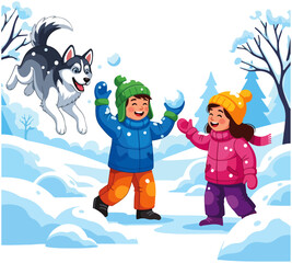 Fototapeta premium Happy children and a husky dog playing together in a snowy winter landscape illustration.