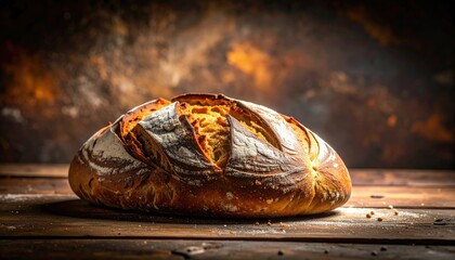 Artisan Sourdough Bread Dusting of Flour and Grains on Rustic Wooden Table with Dramatic Lighting and Textured Background