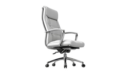 Obraz premium A modern, white leather executive office chair with a swivel base and metallic accents, isolated on a clean white background.