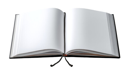 An open blank book with pristine white pages and a dark ribbon bookmark on a neutral background.