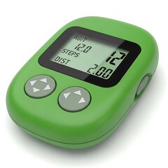 Green digital pedometer with L C D screen displaying steps and distance