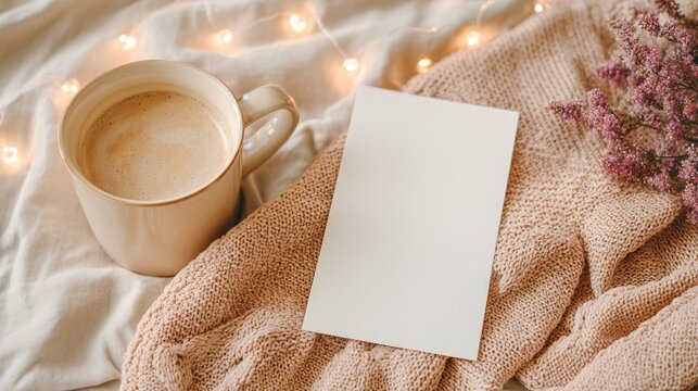 Cozy Coffee Break Still Life: Blank Card, Warm Sweater, and String Lights for Relaxation