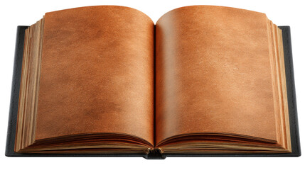 Fototapeta premium An open vintage book displays its textured, sepia-toned blank pages, presented on a pure white background.
