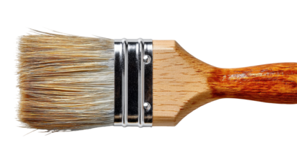 Flat paintbrush with natural bristles and wooden handle, close-up studio shot.
