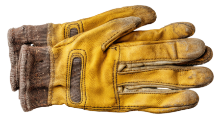A close-up view of a pair of well-worn yellow leather work gloves featuring textured brown fabric cuffs and detailed stitching, suggesting rugged