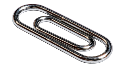 A shiny, metallic paperclip is positioned on a clean white background, highlighting its simple, elegant form and utility.