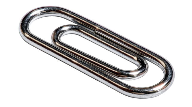 A shiny, metallic paperclip is positioned on a clean white background, highlighting its simple, elegant form and utility.