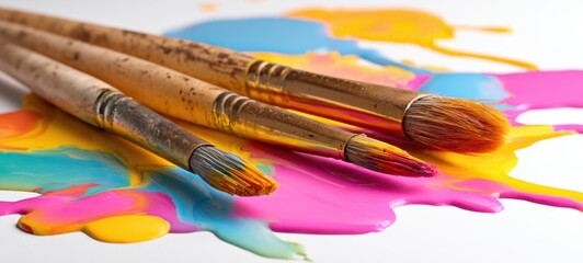 Fototapeta premium The Paintbrushes Resting on Vibrant Multicolored Acrylic Paint Splash with White Background