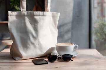 Lifestyle Still Life: Coffee, Bag, Sunglasses, and Phone on Wooden Table in Natural Light