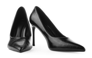Pair of stylish high heeled shoes isolated on white