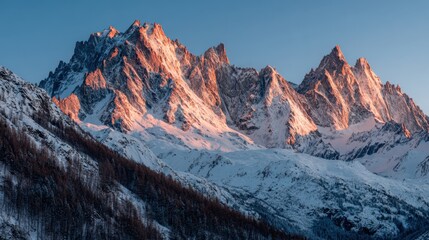 Fototapeta premium Majestic mountain peaks stand tall as they catch the last rays of the setting sun surrounded by winter snow.