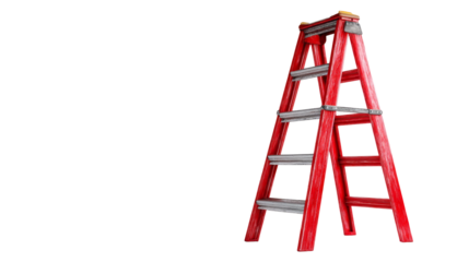 A bright red A-frame ladder stands against a plain grey background.