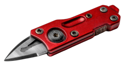 Red compact multi-tool knife with a sharp steel blade in an opened position, isolated on white.