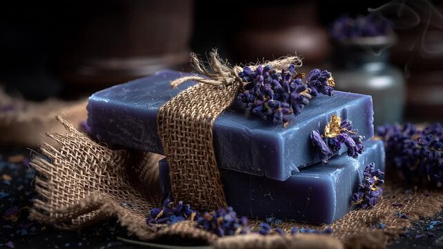 Handmade violet tallow soap with lavender flowers on rustic jute fabric, natural skincare theme