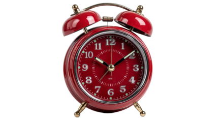 A shiny red vintage twin bell alarm clock with an analog dial is isolated on a white background.