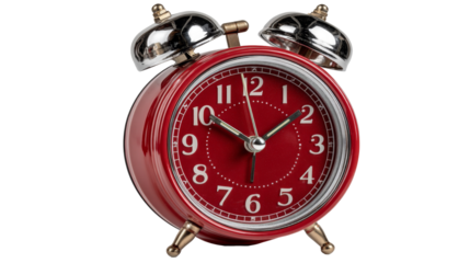 A shiny red vintage alarm clock with twin bells sits against a neutral background.