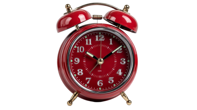 A shiny red vintage twin bell alarm clock with an analog dial is isolated on a white background.