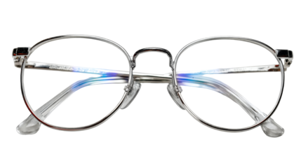 Round silver metal framed eyeglasses with clear es displayed on a white background.