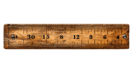 A vintage wooden ruler with clear numerical markings and a textured wood grain, isolated on a white background.