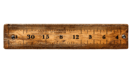 A vintage wooden ruler with clear numerical markings and a textured wood grain, isolated on a white background.