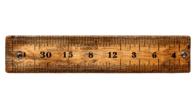 A vintage wooden ruler with clear numerical markings and a textured wood grain, isolated on a white background.