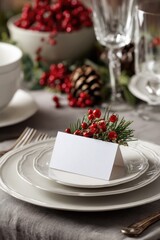 Elegant Holiday Table Setting with Blank Place Card, Red Berries, and Festive Decorations