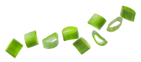 Fresh cut green onion flying on white background