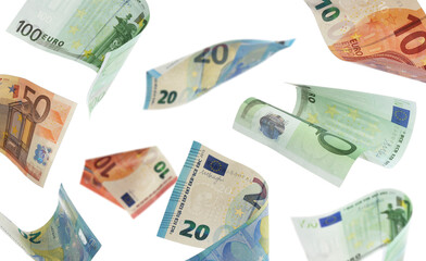 Euro bills flying. Money in air against white background