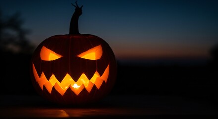 Spooky Jack O Lantern Glows With Evil Eyes and Jagged Smile on Halloween Night