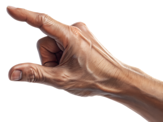 Elderly person s hand pointing with index finger and thumb forming a small gap isolated on transparent background