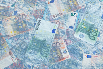 Money frozen. Many euro bills under ice