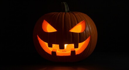 Obraz premium Scary Jack O Lantern Glowing In The Dark With A Fiery Orange Light