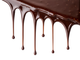 Rich dark chocolate syrup dripping in thin strands isolated on transparent background