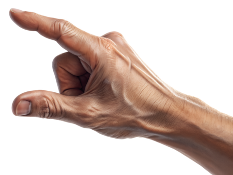 Elderly person s hand pointing with index finger and thumb forming a small gap isolated on transparent background