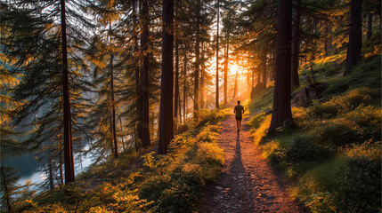 Obraz premium Man jogging through a forest trail at sunrise