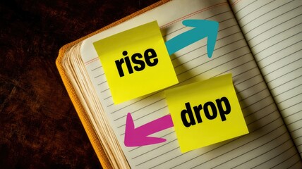 Rise and drop message on notebook with arrows indicating direction for business performance analysis concept