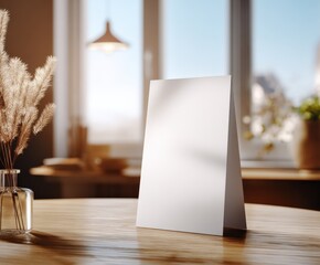 Elegant Table Tent Mockup on Wooden Table with Natural Light, Perfect for Restaurant or Cafe Promotions
