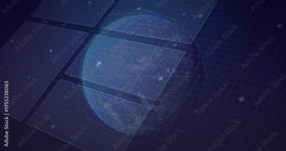 Wall mural Displaying wireframe globe floating over virtual data interface grid, featuring panels and markers