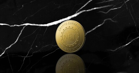 Spinning gold NFT coin featuring circuits on sleek veined black marble surface casting reflection