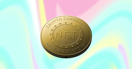 Floating gold-colored NFT coin hovering over pastel gradient background, with circuit pattern text
