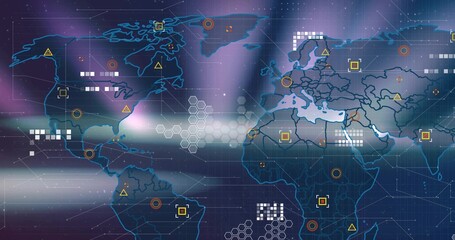 Displaying world map interface updating data on grid-lined dashboard, with geometric data markers