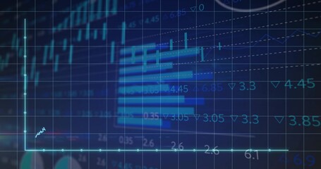 Displaying line graph rising on navy grid at trading terminal, with bar charts and numeric labels