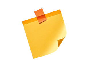 A single yellow sticky note with a corner peeling up attached with a small orange tab isolated on transparent background